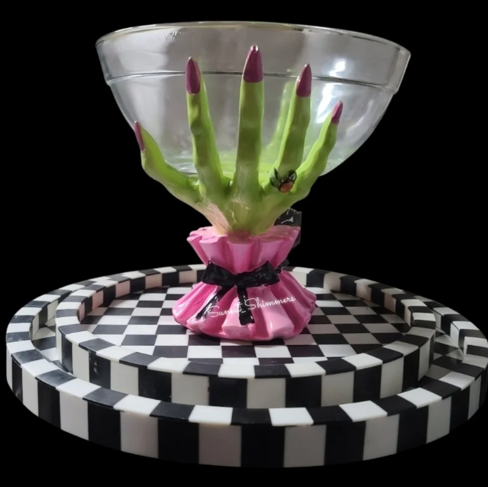 Glam Witch Hands Coquette Bow Halloween Candy Serving Bowl PINK GREEN NEW